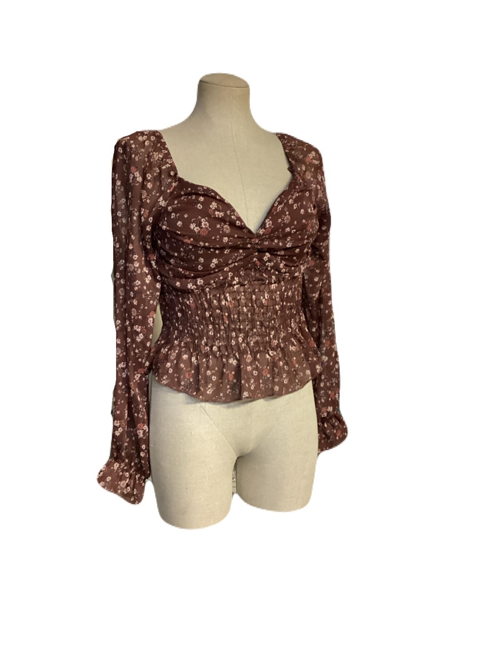 Timing Brown Floral Smocked Peplum Long Sleeve Blouse